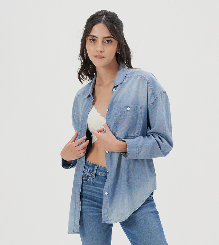 Buy American Eagle Pocket Detail Long Sleeves Denim Shirt In Blue