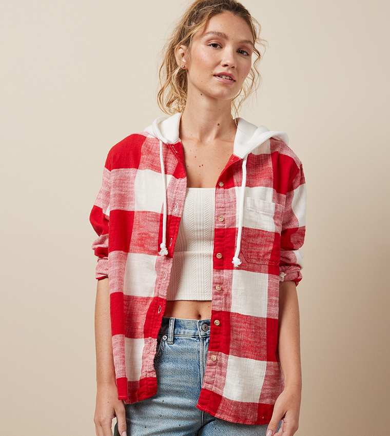 Buy American Eagle Plaid Oversized Hooded Shirt In Red 6thStreet Bahrain