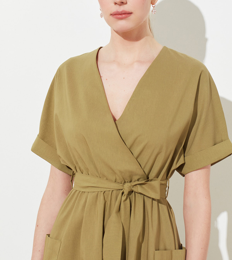 Khaki Open-back Gathered Detail Midi Dress 19102