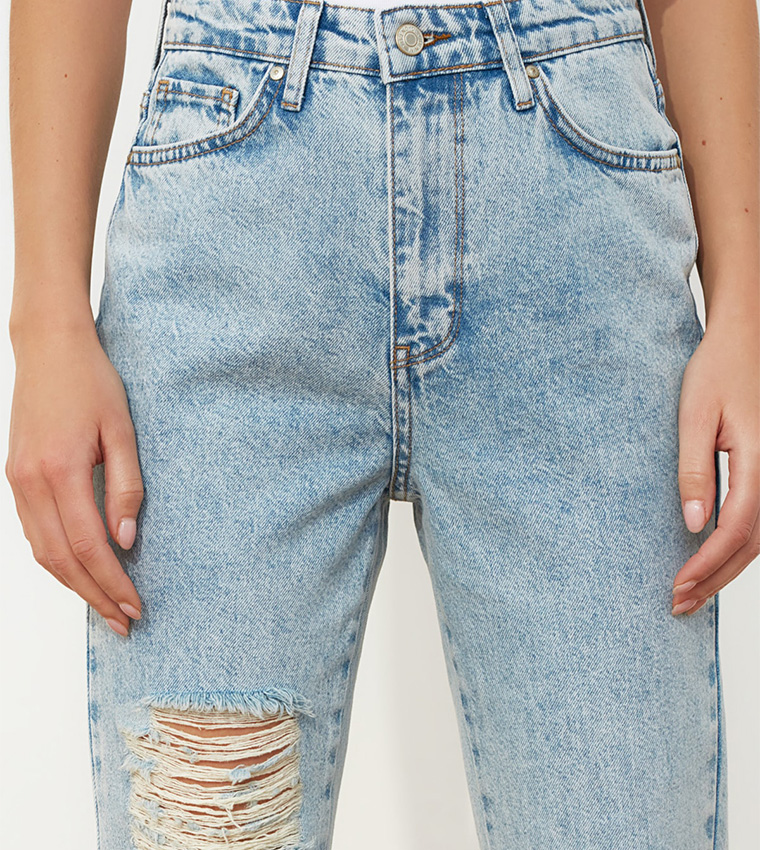 Buy Trendyol High Rise Ripped Mom Jeans In Blue 6thStreet Qatar