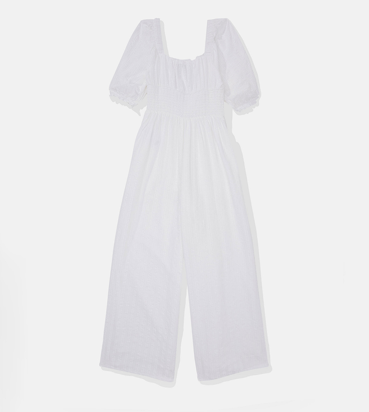 Buy American Eagle Textured Puff Sleeves Wide Leg Jumpsuit In