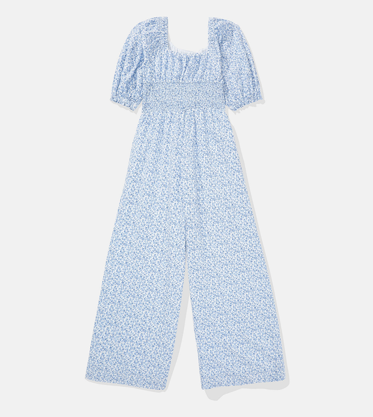 Printed Puff Sleeves Wide Leg Jumpsuit