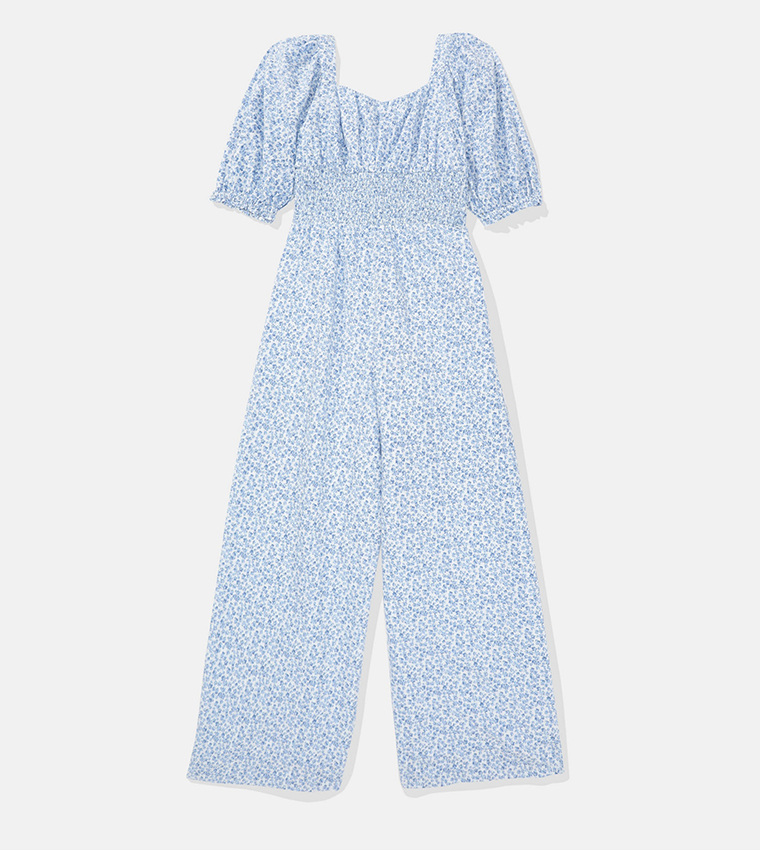 Printed Puff Sleeves Wide Leg Jumpsuit