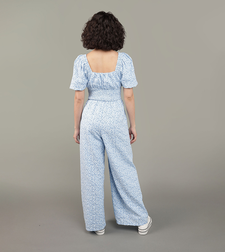 Printed Puff Sleeves Wide Leg Jumpsuit