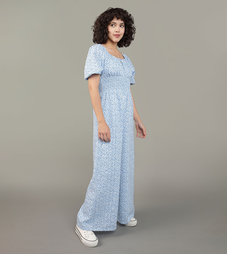 Printed Puff Sleeves Wide Leg Jumpsuit