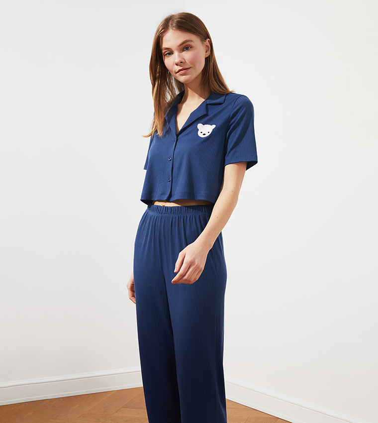 Buy Trendyol Basic Solid Night Suit In Blue | 6thStreet Kuwait