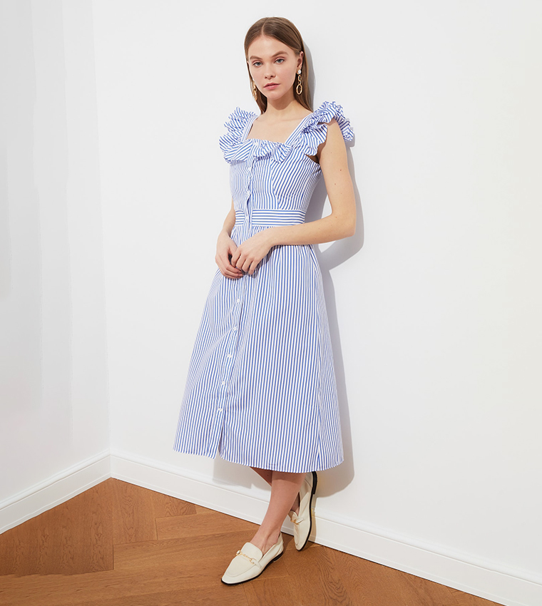 Buy Trendyol Square Collar Frilly Striped Dress In Blue | 6thStreet UAE
