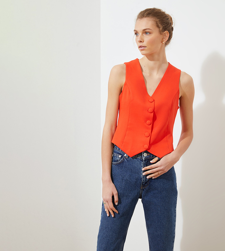 TRENDYOL Damen Weste In Hellblau - Gestrickte Button-Down Weste Mit Regelmäßiger Passform
