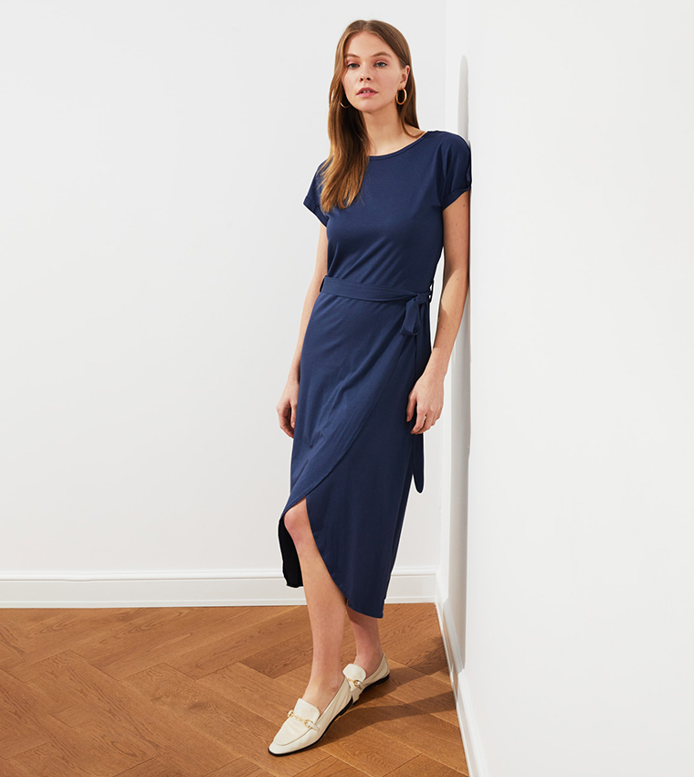 Buy Trendyol Casual Belted Midi Wrap Dress In Blue | 6thStreet UAE