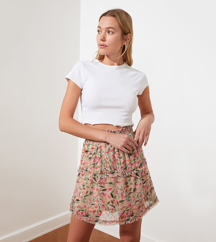 Women's Multicolor Floral Tiered Mini Skirt with Elastic Waistband main image 1