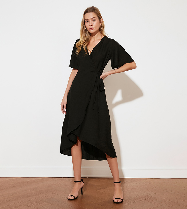 Buy Trendyol Asymmetric Wrap Midi Dress In Black | 6thstreet Qatar