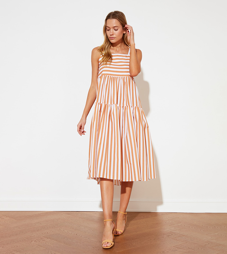 Buy Trendyol Striped Tiered Midi Dress In Red | 6thStreet Qatar