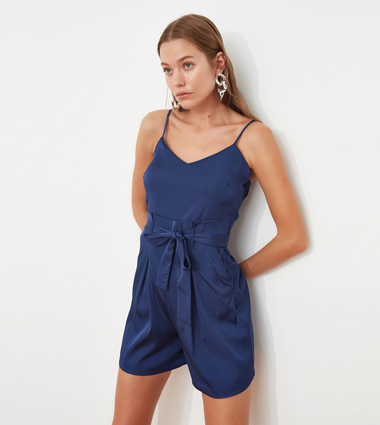 Buy Trendyol Belted Pleated Short Jumpsuit In Blue 6thStreet Kuwait