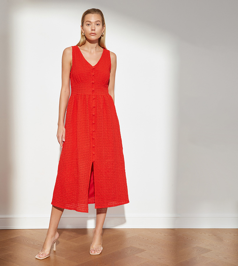 Buy Trendyol Brode Midi Slit Dress In Red 6thStreet UAE