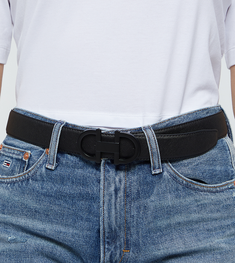 Single Prong Rhodium Buckle Reversible Belt