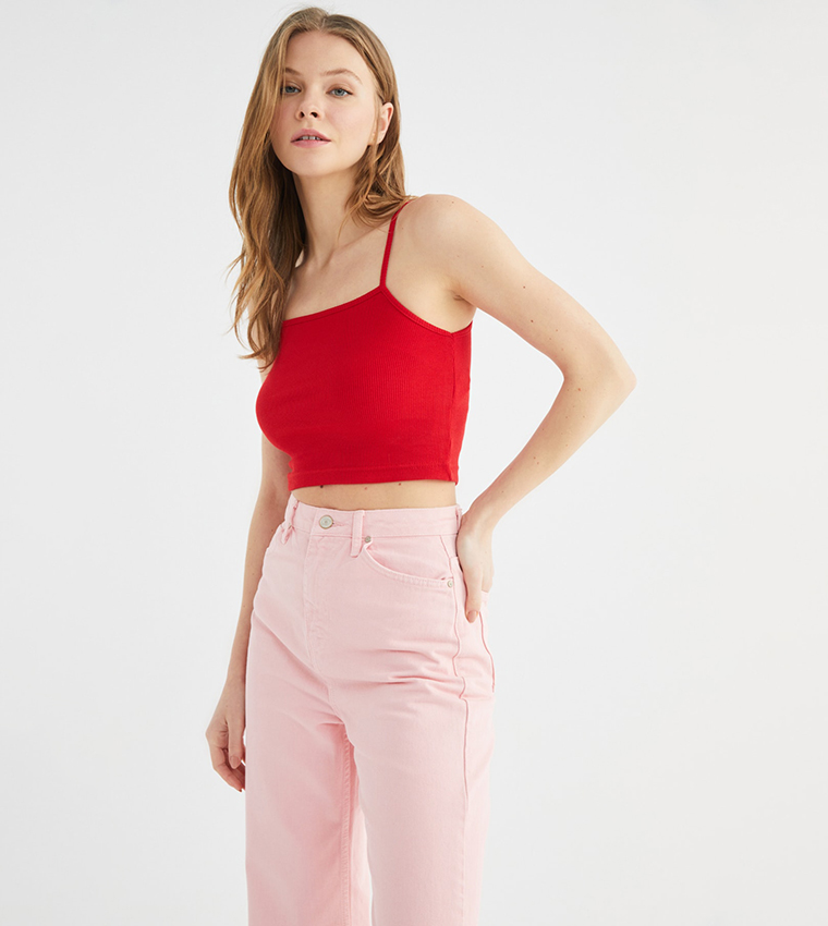 Buy Trendyol Basic Ribbed Crop Top In Red | 6thStreet Kuwait