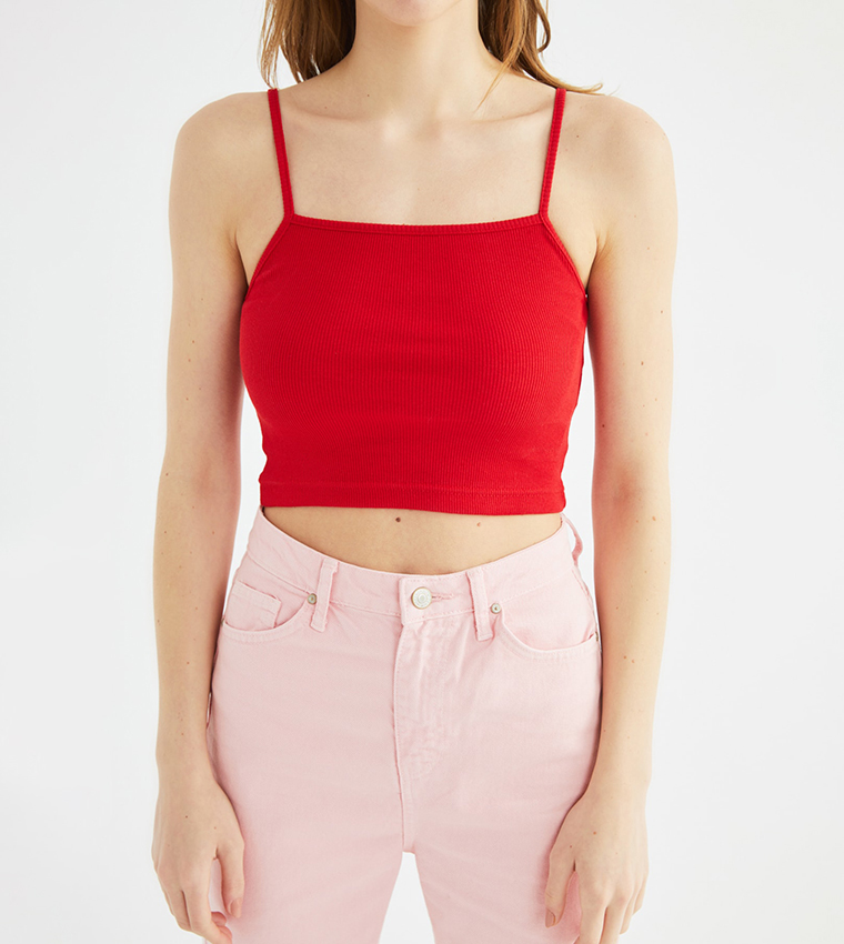 Buy Trendyol Basic Ribbed Crop Top In Red | 6thStreet Kuwait