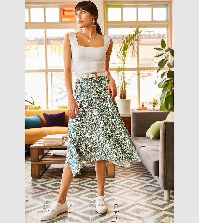 Buy Olalook Floral Printed A Line Midi Skirt In Green 6thStreet Bahrain