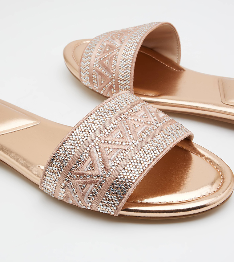GHALIA Embellished Open Toe Flat Sandals
