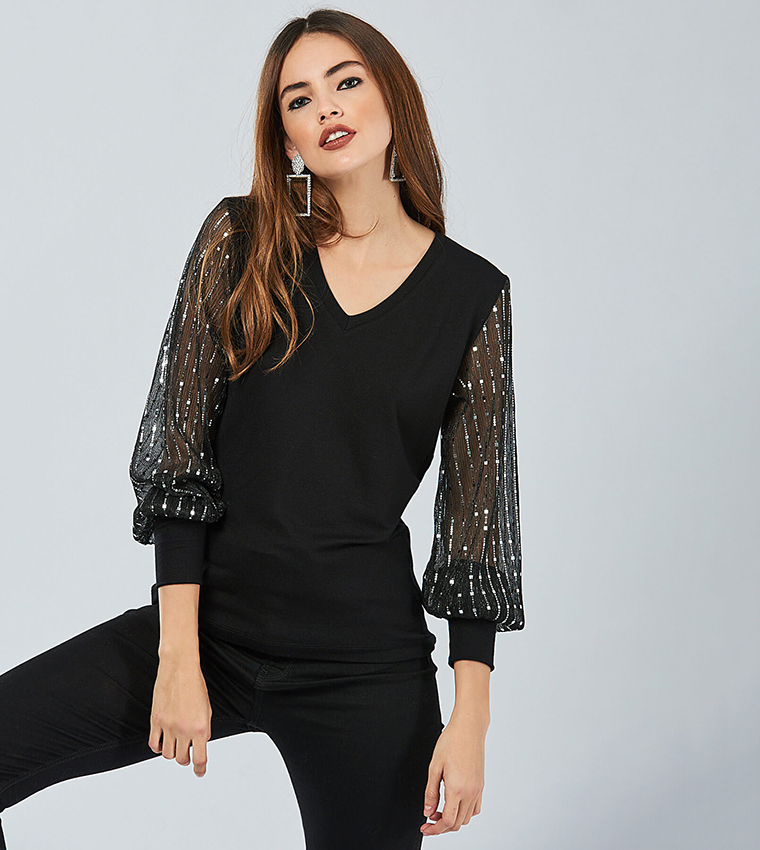 V-Neck Sexy Beaded Sleeve Knit Top