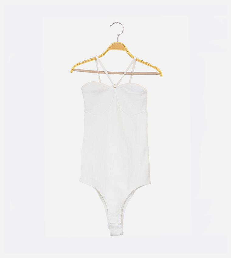 Boohoo Mesh 2-in-1 Strappy Bodysuit-White