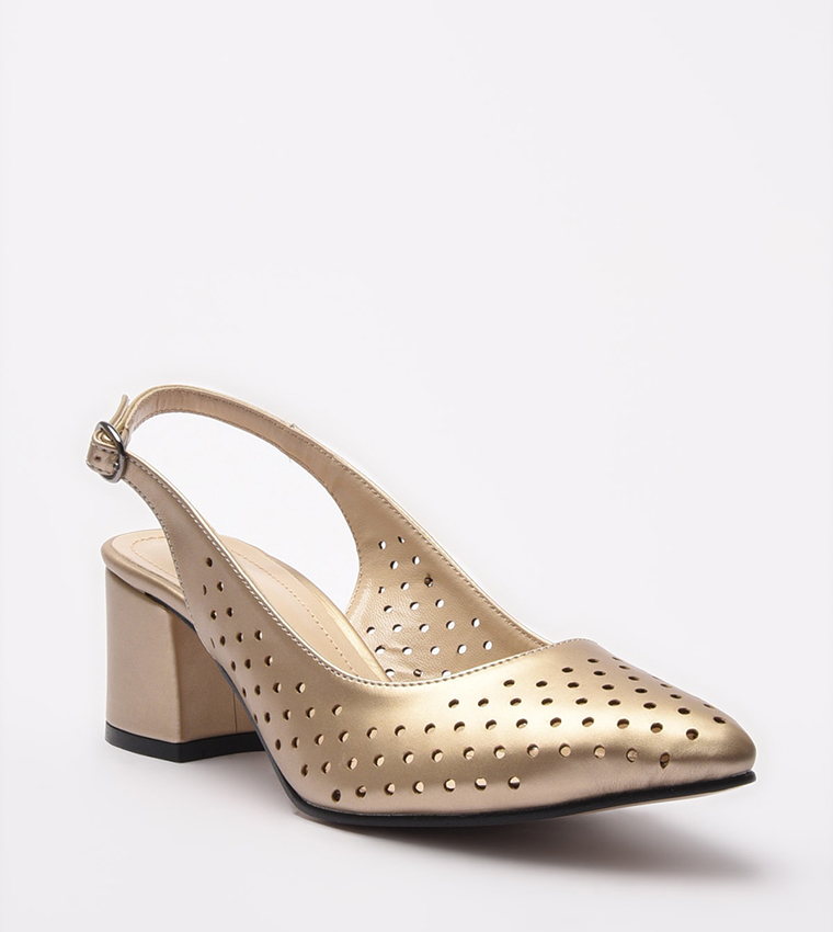 Farrin Block Heel Slide Sandal- Amber Gold Leather