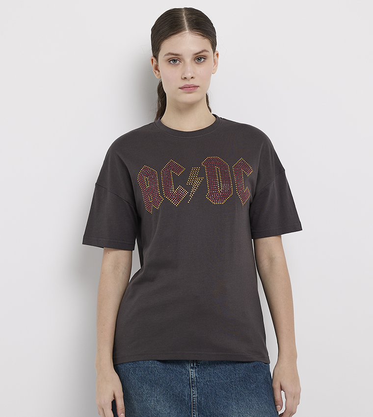 Buy Character AC DC Studded Short Sleeves Oversized T Shirt In Grey ...