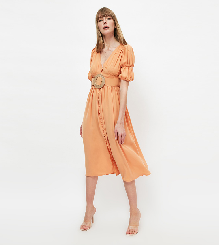 Lorelei Long Sleeve Wide Belt Knit Dress Camel