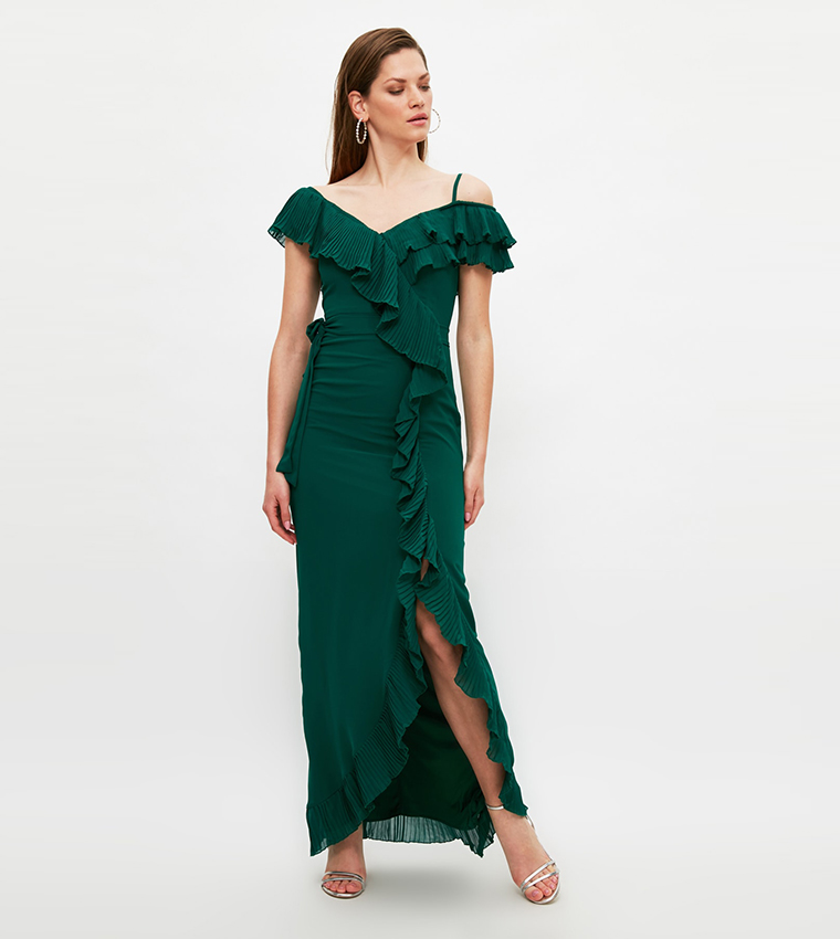 Buy Trendyol Emerald Pleat Frilly Chiffon Evening Dress Graduation Dress In Green 6thStreet UAE