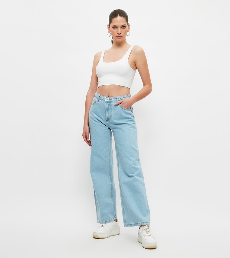 Buy Trendyol High Waist Wide Leg Jeans In Light Blue | 6thStreet Qatar