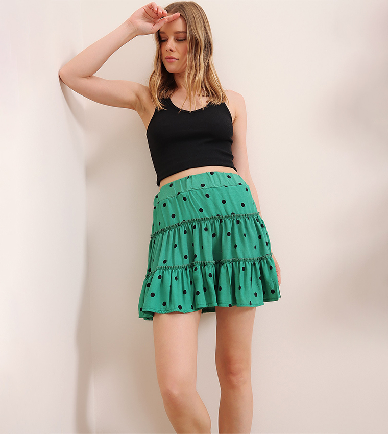 Buy Trend Alaçatı Stili Polka Dot Tiered Mini Skirt In Emerald ...