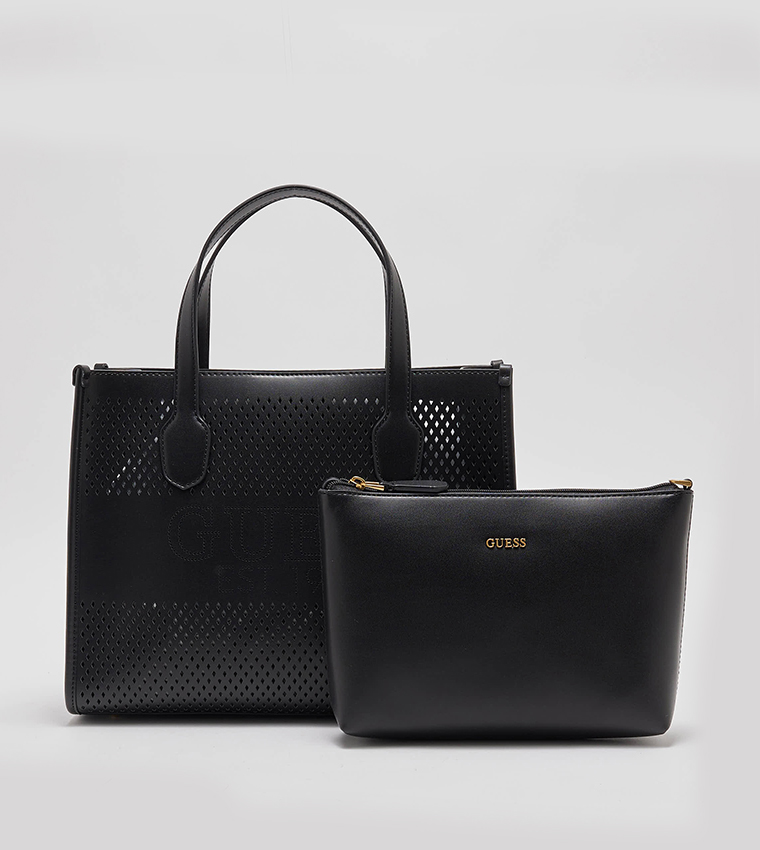 Buy Guess Katey Perforated Tote Bag With Pouch In Black