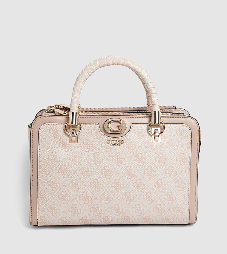 Logo Patterned Zippered Satchel Bag