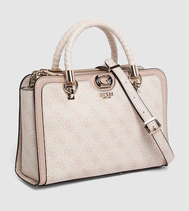 Logo Patterned Zippered Satchel Bag
