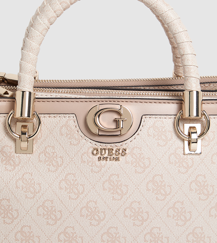 Logo Patterned Zippered Satchel Bag