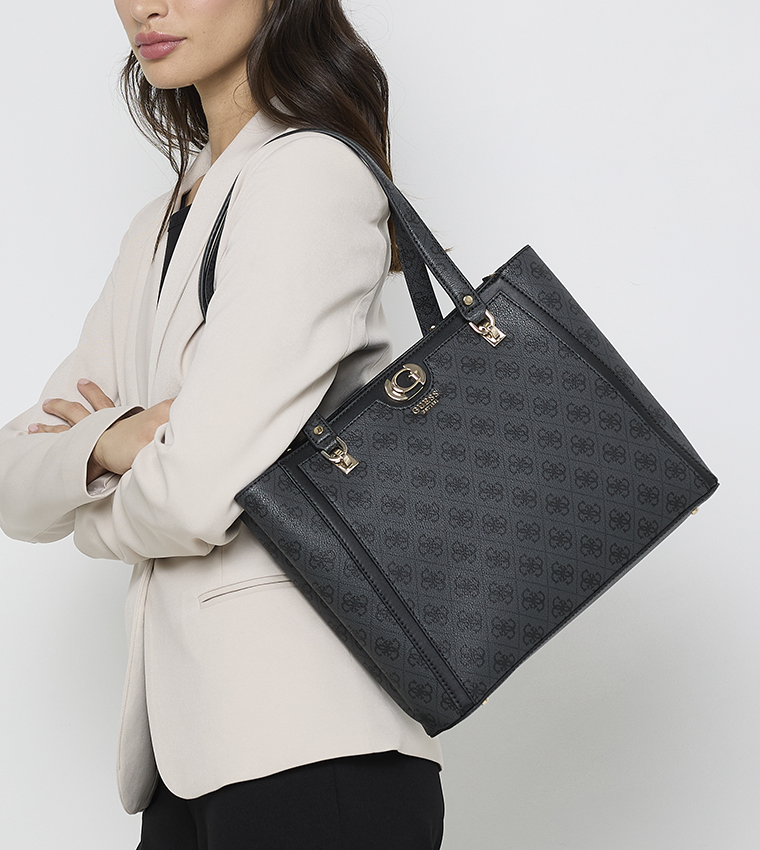 Logo Patterned Zippered Shoulder Bag