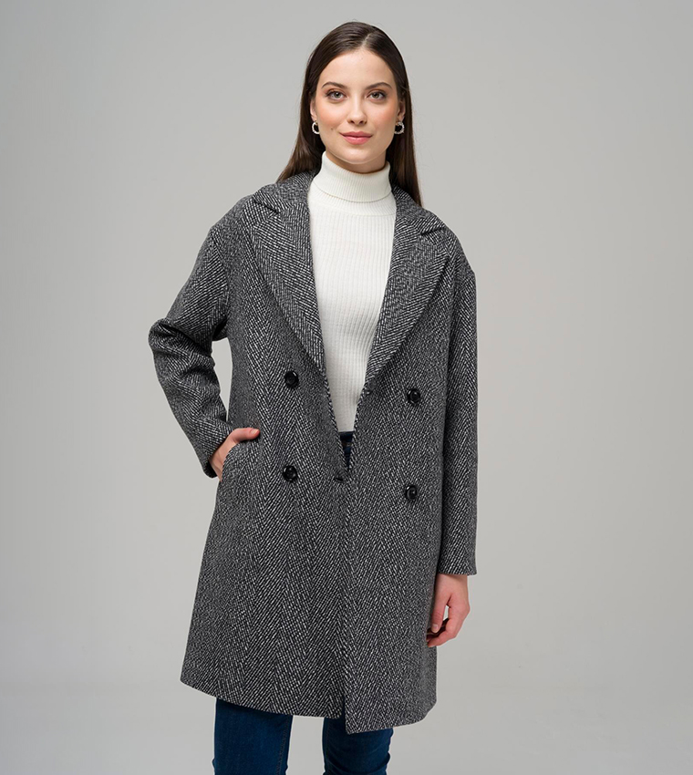 Buy Olcay Double Breasted Herringbone Coat In Black 6thStreet Bahrain