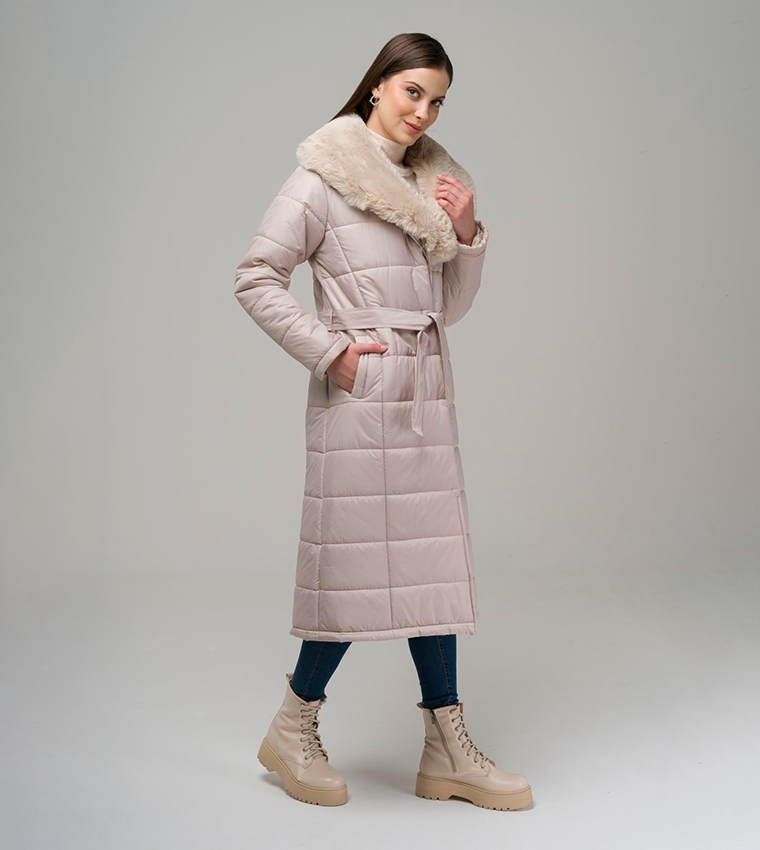 Buy Olcay Detachable Furry Collar Quilted Overcoat In Taupe | 6thStreet ...