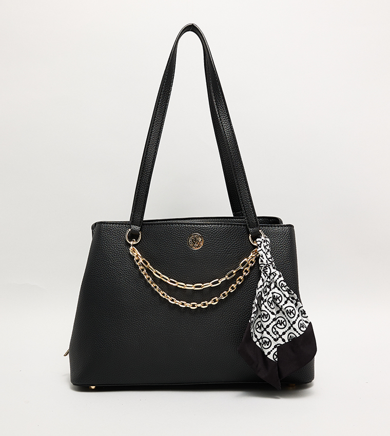 Textured Shoulder Bag with Scarf Detail