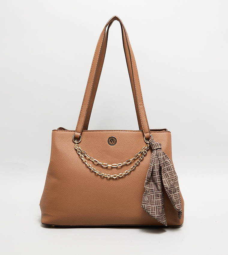Textured Shoulder Bag with Scarf Detail