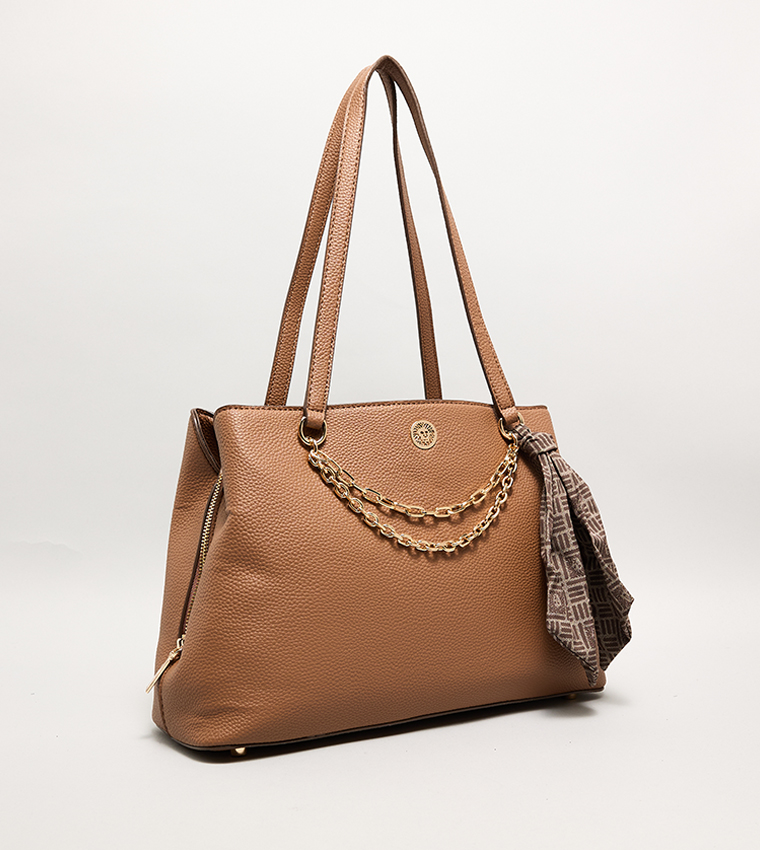 Textured Shoulder Bag with Scarf Detail