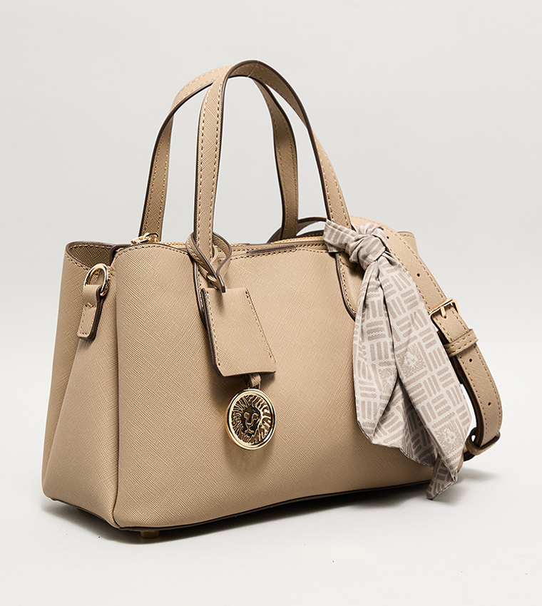 Textured Satchel Bag with Scarf Detail
