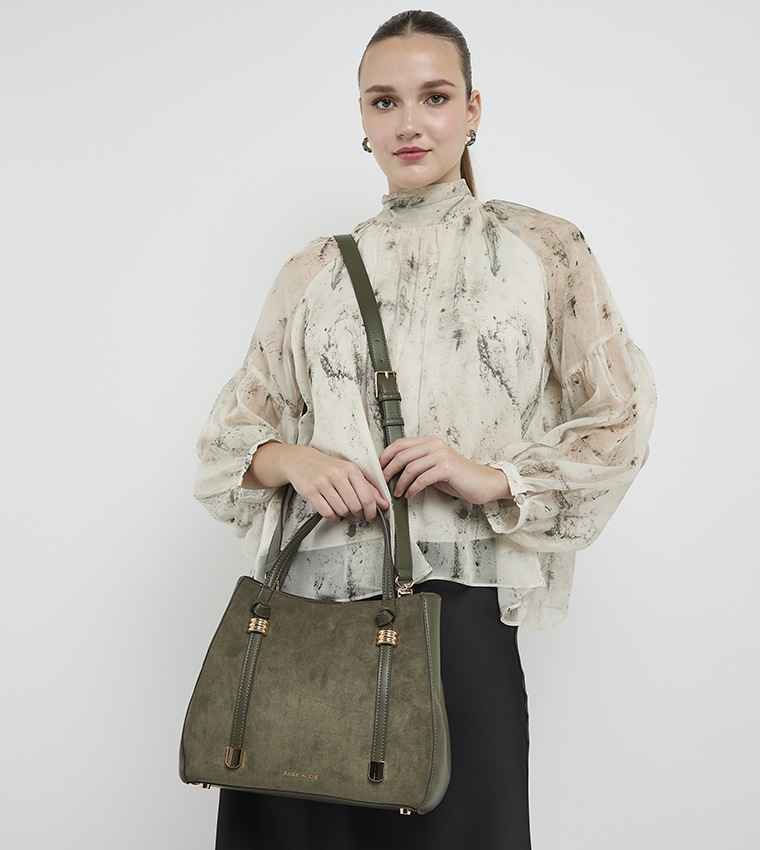 Velvet Look Snap Closure Satchel Bag Set