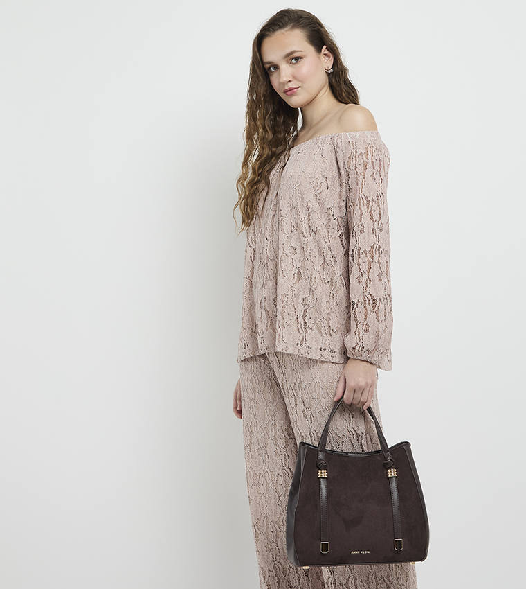 Velvet Look Snap Closure Satchel Bag Set