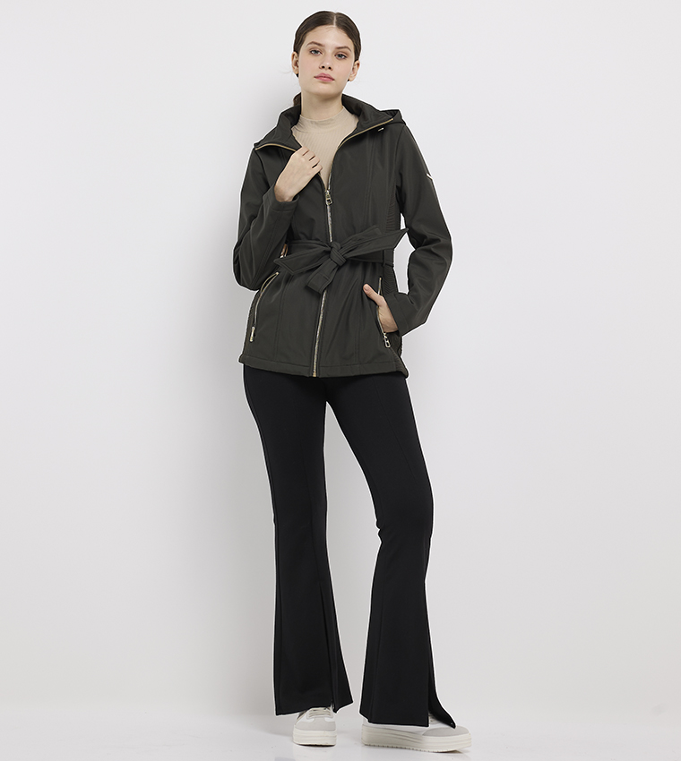 Contrast Detail Belted Hooded Jacket
