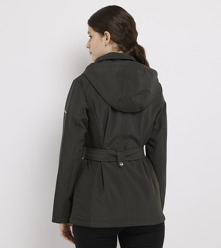 Contrast Detail Belted Hooded Jacket