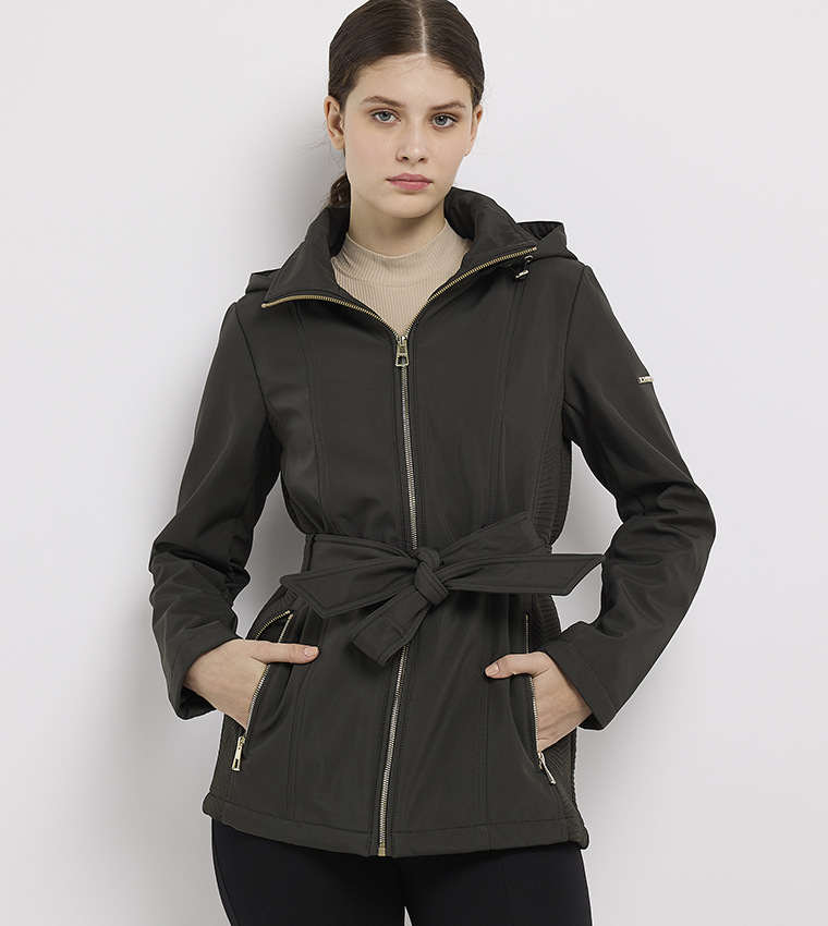 Contrast Detail Belted Hooded Jacket