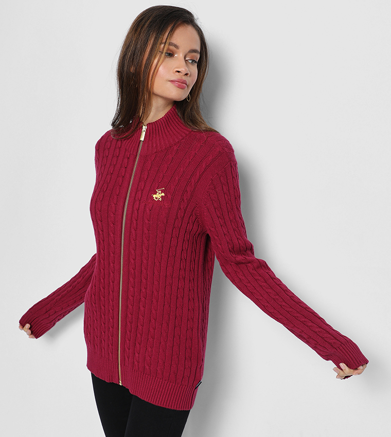 Cable Knit Zip Front Cardigan Sweater-Magenta