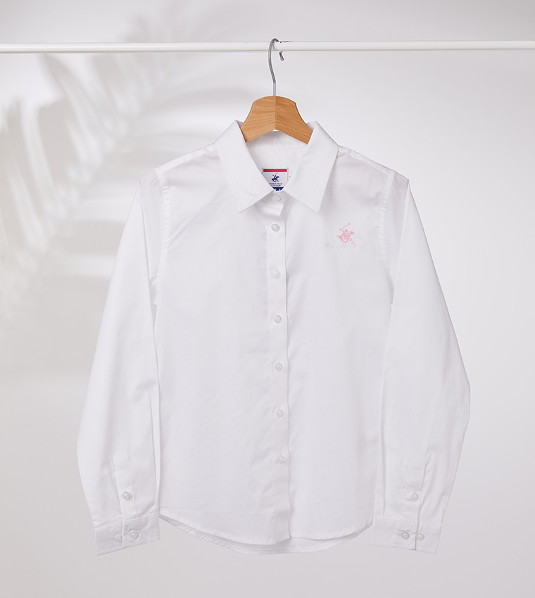 Collared Neck Long Sleeve Shirt-White