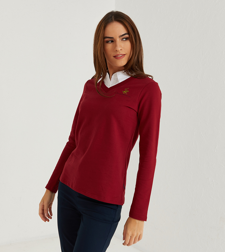 Buy Beverly Hills Polo Club Long Sleeve V Neck Sweater In Red | 6thStreet  Qatar